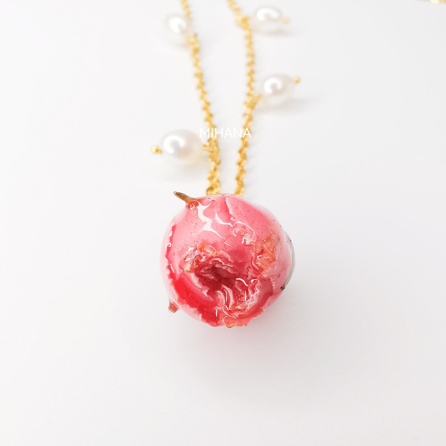 Real Rose Buds Necklace with Freshwater Pearls