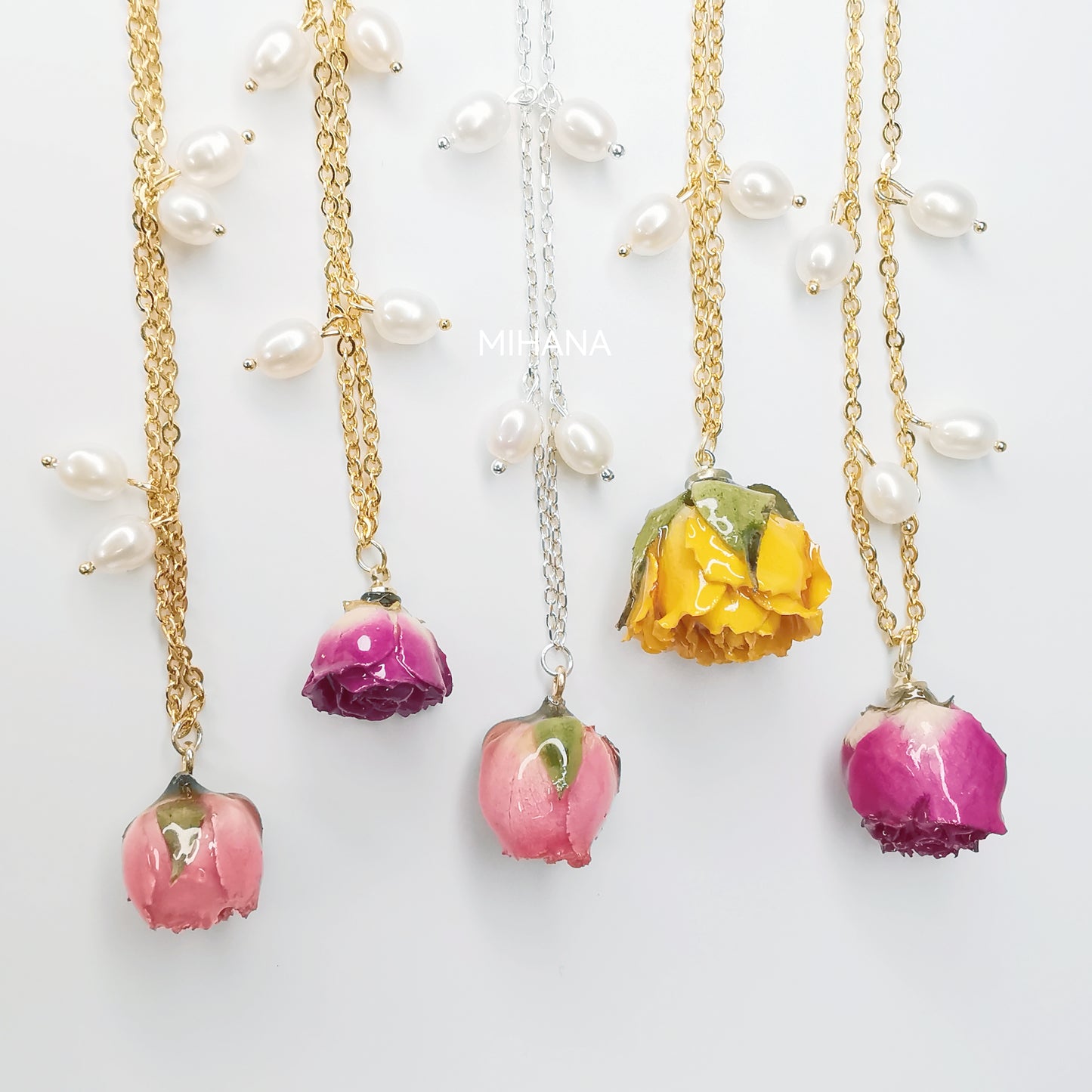 Real Rose Buds Necklace with Freshwater Pearls