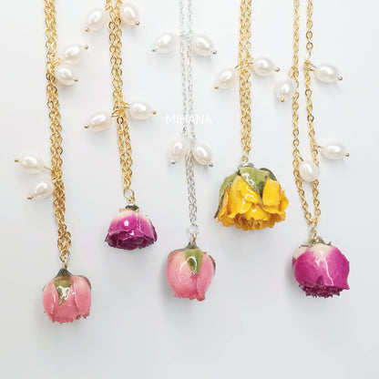 Real Rose Buds Necklace with Freshwater Pearls
