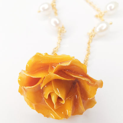 Real Rose Buds Necklace with Freshwater Pearls