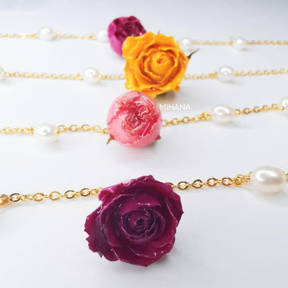 Real Rose Buds Necklace with Freshwater Pearls