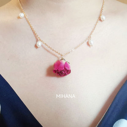 Real Rose Buds Necklace with Freshwater Pearls