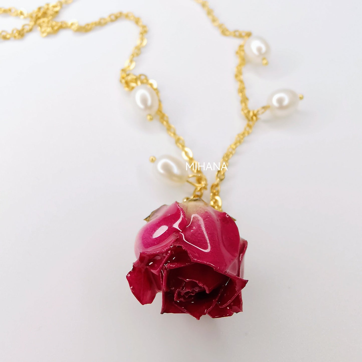 Real Rose Buds Necklace with Freshwater Pearls
