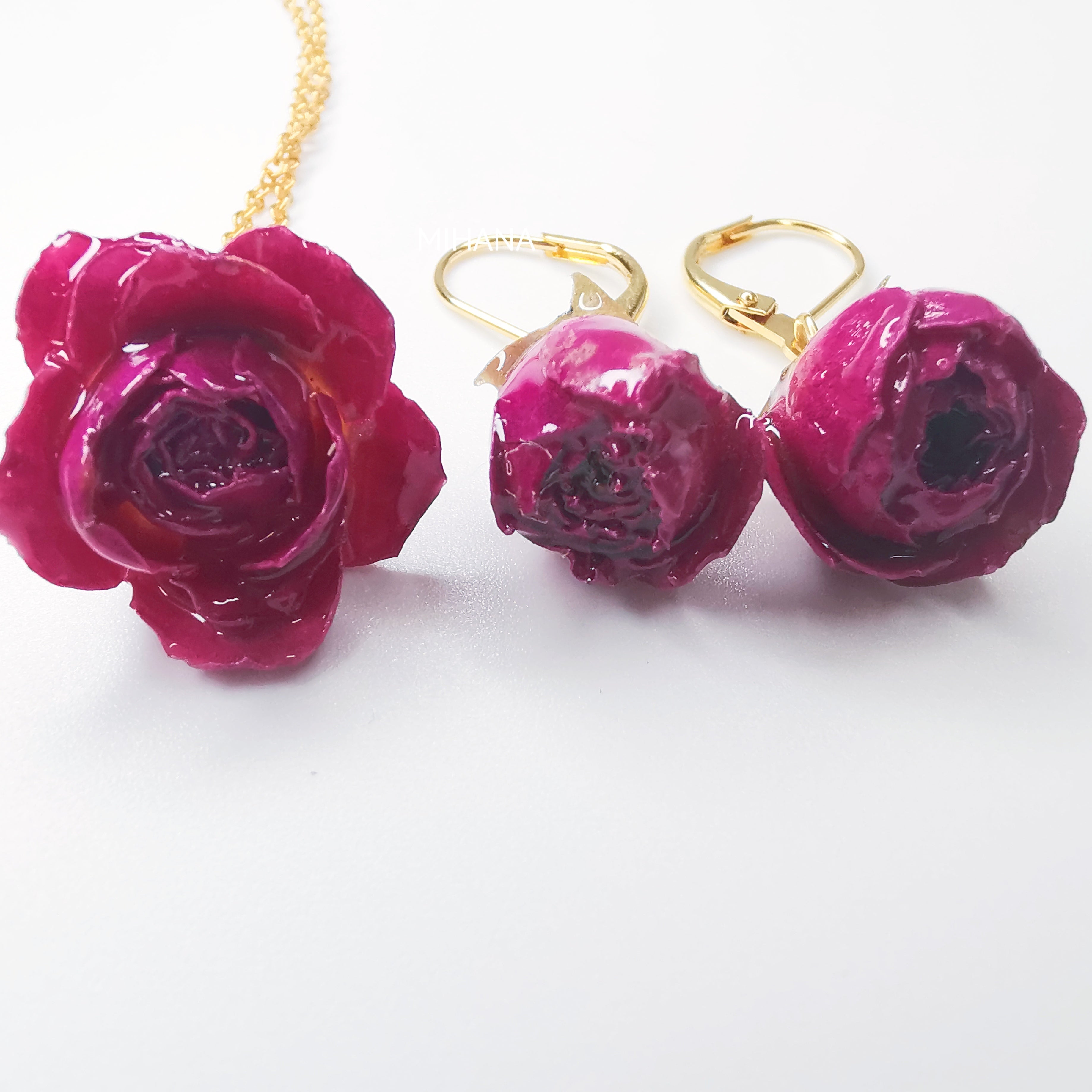 Real Rose Flower Necklace and Earrings Set mihanastudio