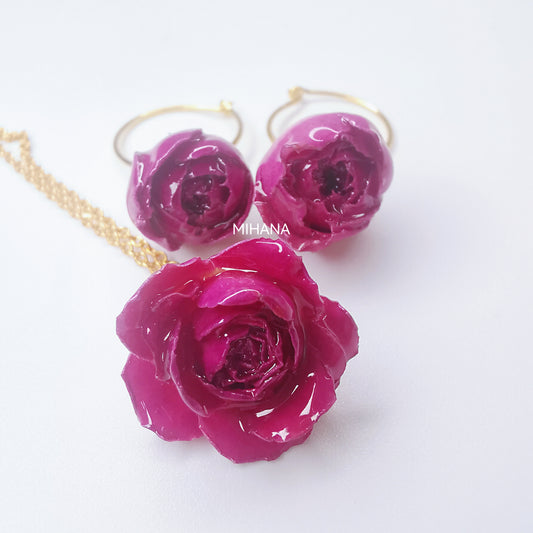 Real Rose Flower Necklace and Earrings Set