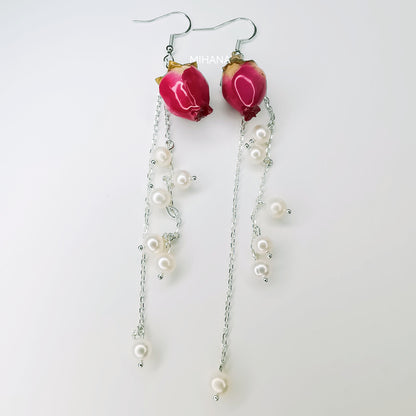 Real Rose Buds Earrings with Freshwater Pearls