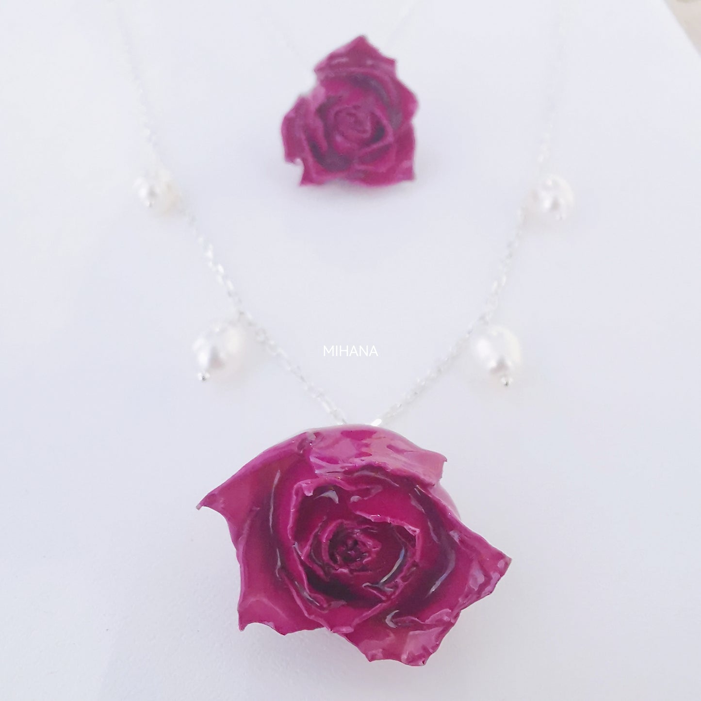Real Rose Buds Necklace with Freshwater Pearls