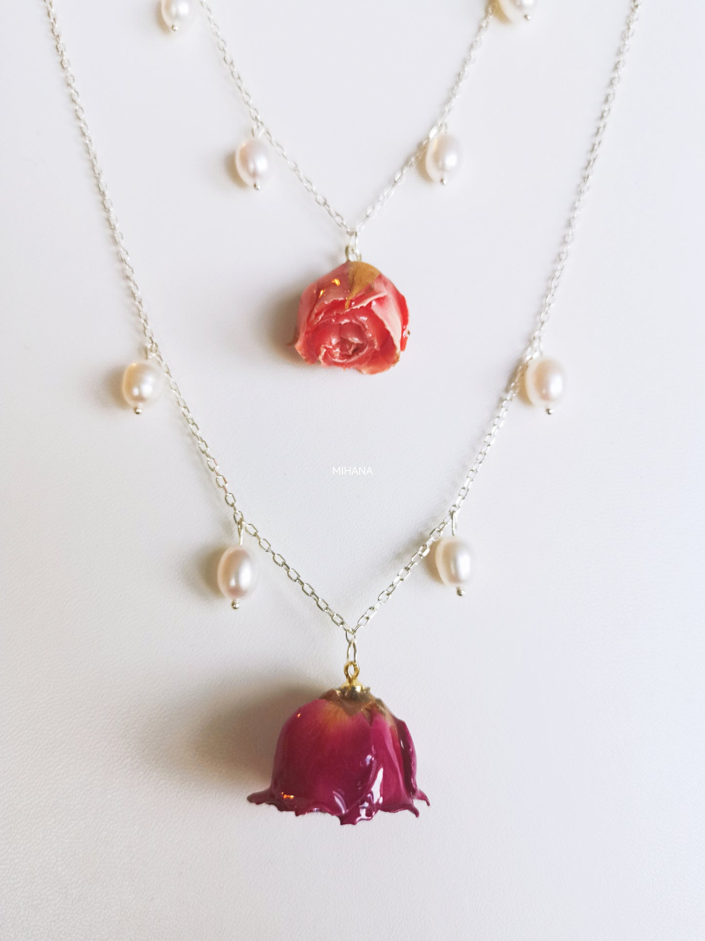 Real Rose Buds Necklace with Freshwater Pearls