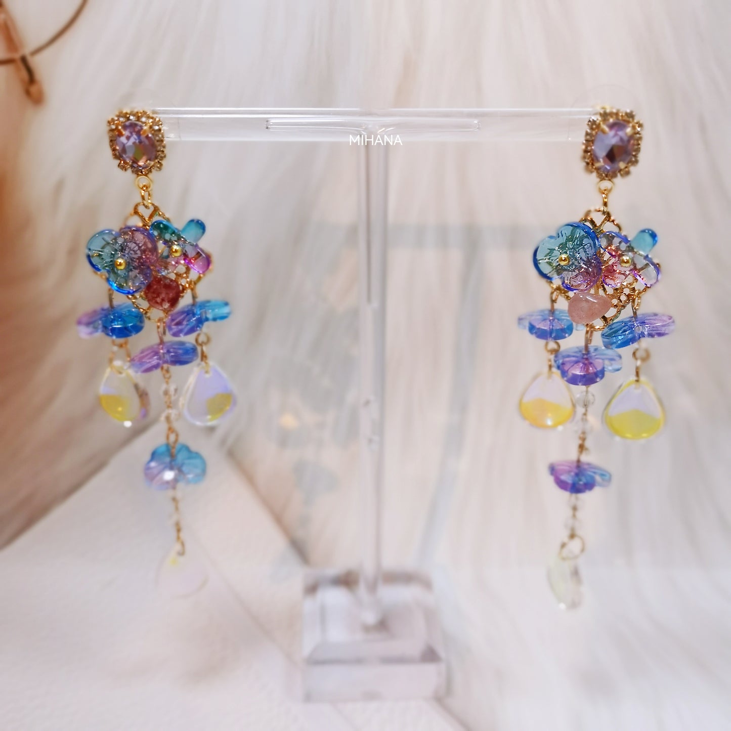 Sterling Silver Hylographic Bead Flower Long Earrings