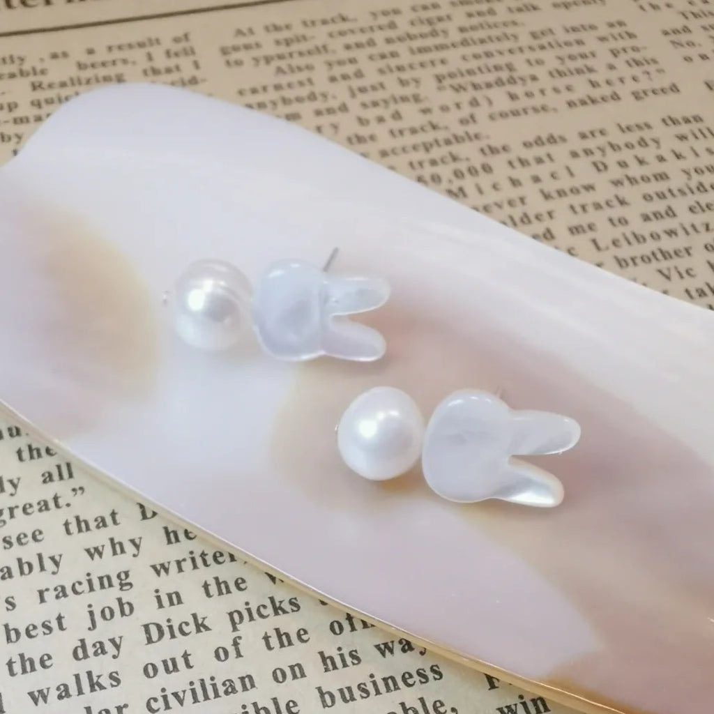 Silver Shell and Pearl Rabbit Studs