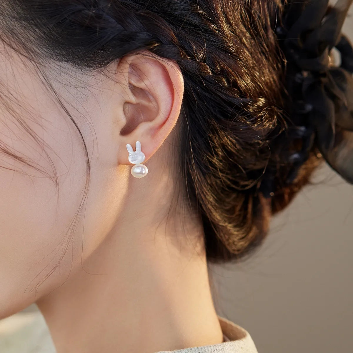 Silver Shell and Pearl Rabbit Studs