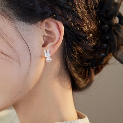 Silver Shell and Pearl Rabbit Studs