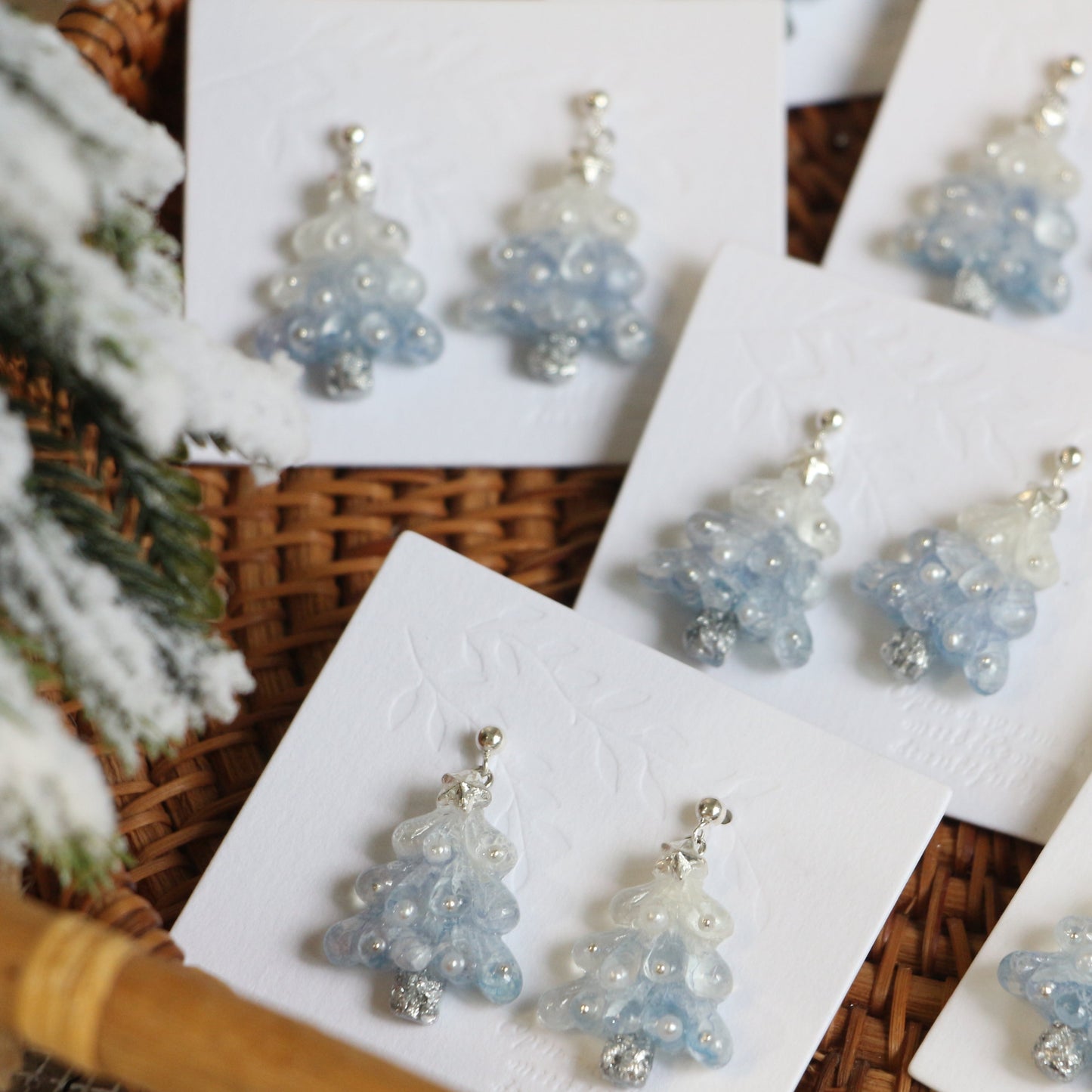 Sterling Silver Real Hydrangea Blue Christmas Tree Necklace and Earrings