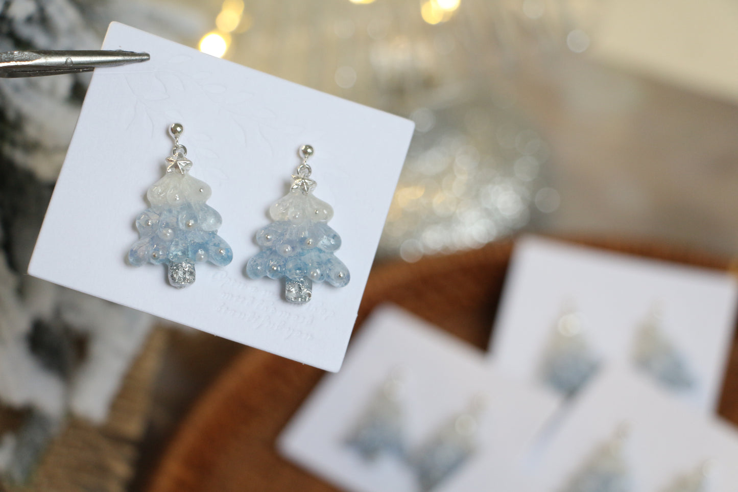 Sterling Silver Real Hydrangea Blue Christmas Tree Necklace and Earrings