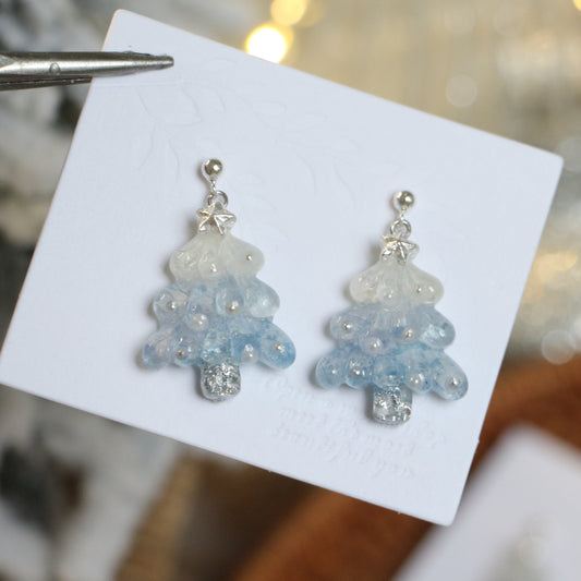 Sterling Silver Real Hydrangea Blue Christmas Tree Necklace and Earrings