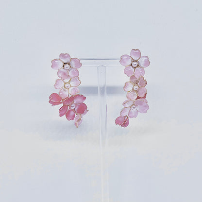 Sterling Silver Pink Cherry Blossom Sakura Earrings, Wire Wrapped