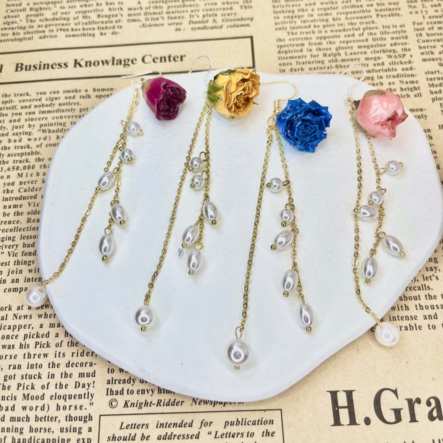 Real Rose Buds Earrings with Freshwater Pearls