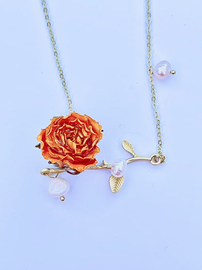 Sterling Silver Real Rose Buds Branch Necklace with Freshwater Pearls