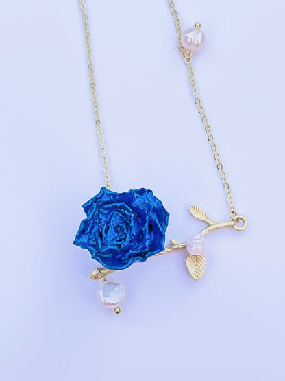 Sterling Silver Real Rose Buds Branch Necklace with Freshwater Pearls