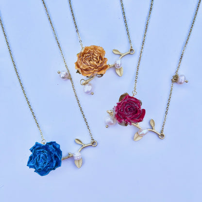 Sterling Silver Real Rose Buds Branch Necklace with Freshwater Pearls