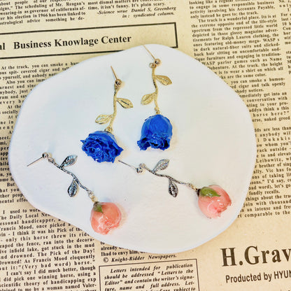 Multicolor Real Rose Buds Earrings with Branch, Gold + Silver