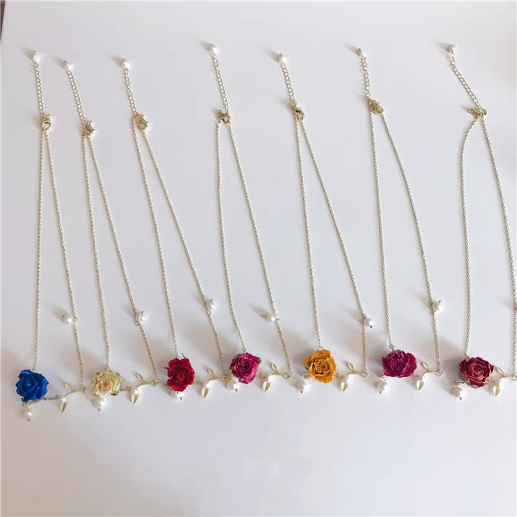 Sterling Silver Real Rose Buds Branch Necklace with Freshwater Pearls