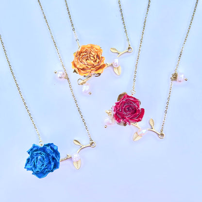 Sterling Silver Real Rose Buds Branch Necklace with Freshwater Pearls