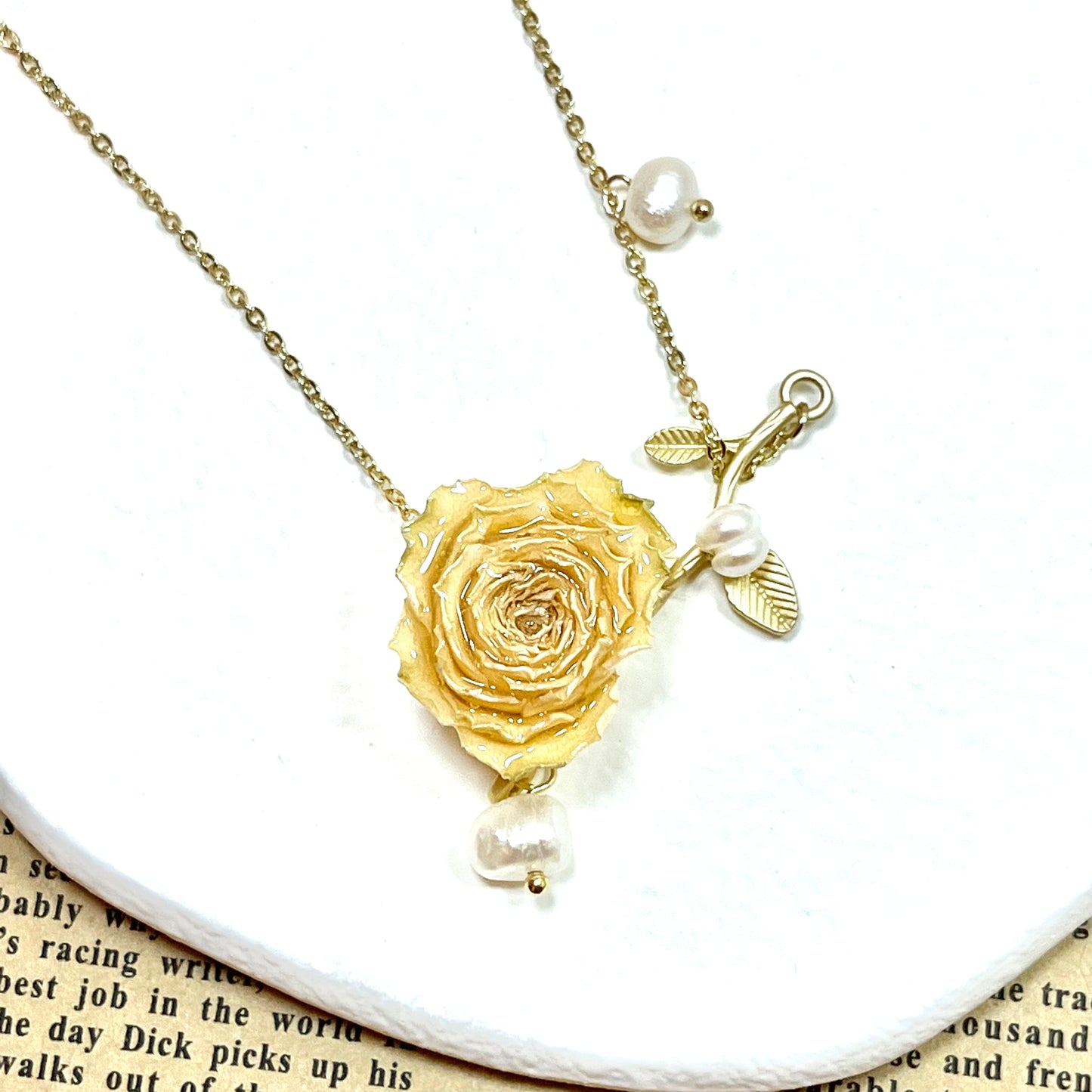 Sterling Silver Real Rose Buds Branch Necklace with Freshwater Pearls