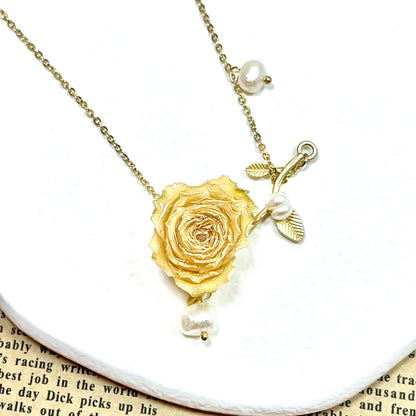 Sterling Silver Real Rose Buds Branch Necklace with Freshwater Pearls