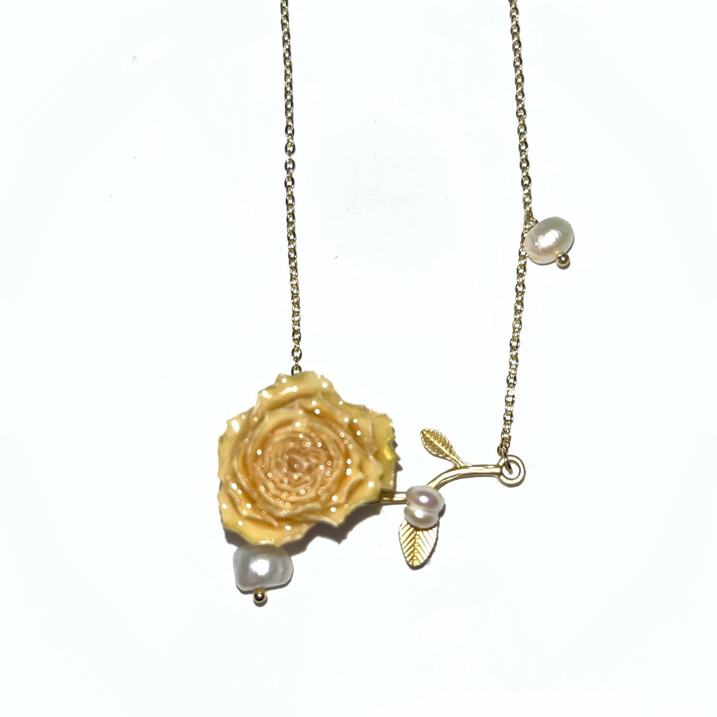 Sterling Silver Real Rose Buds Branch Necklace with Freshwater Pearls