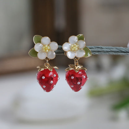 Resin Strawberry and Flower Earrings, Multicolour, Gold vermeil + 925 silver