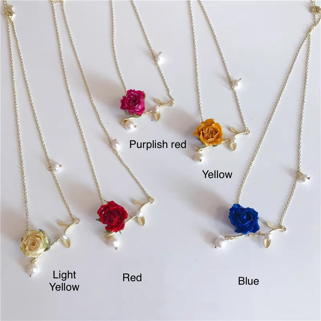 Real Rose Buds Necklace with Freshwater Pearls