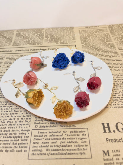 Multicolor Real Rose Buds Earrings with Branch, Gold + Silver