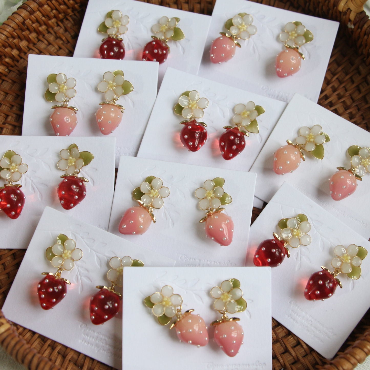 Resin Strawberry and Flower Earrings, Multicolour, Gold vermeil + 925 silver