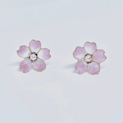 Sterling Silver Pink Cherry Blossom Sakura Earrings, Wire Wrapped