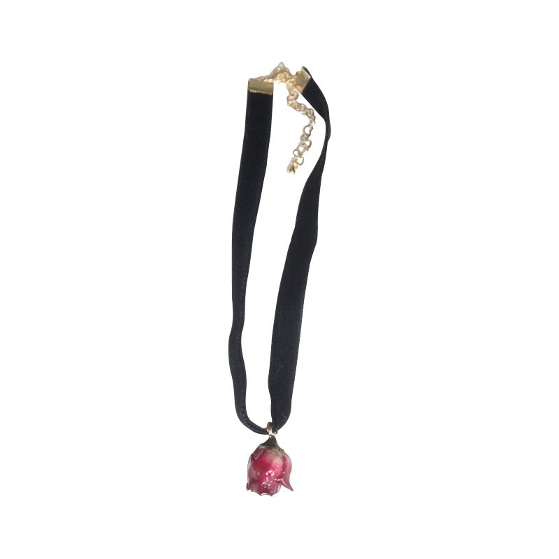 Real Pink Rose Velvet Choker Necklace