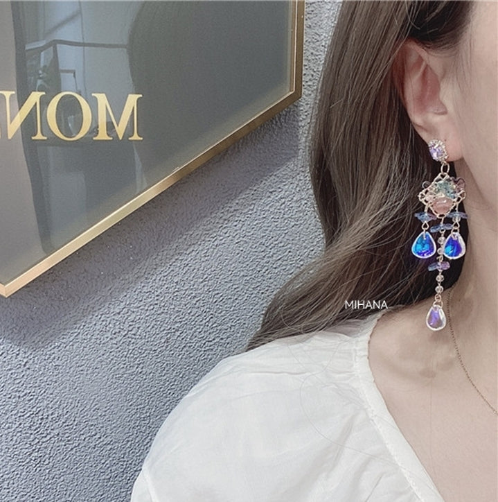 Sterling Silver Hylographic Bead Flower Long Earrings